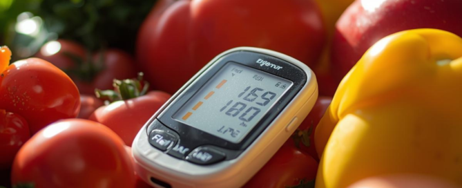Close-up of blood glucose monitor with fresh fruits and vegetables symbolizing natural blood sugar control
