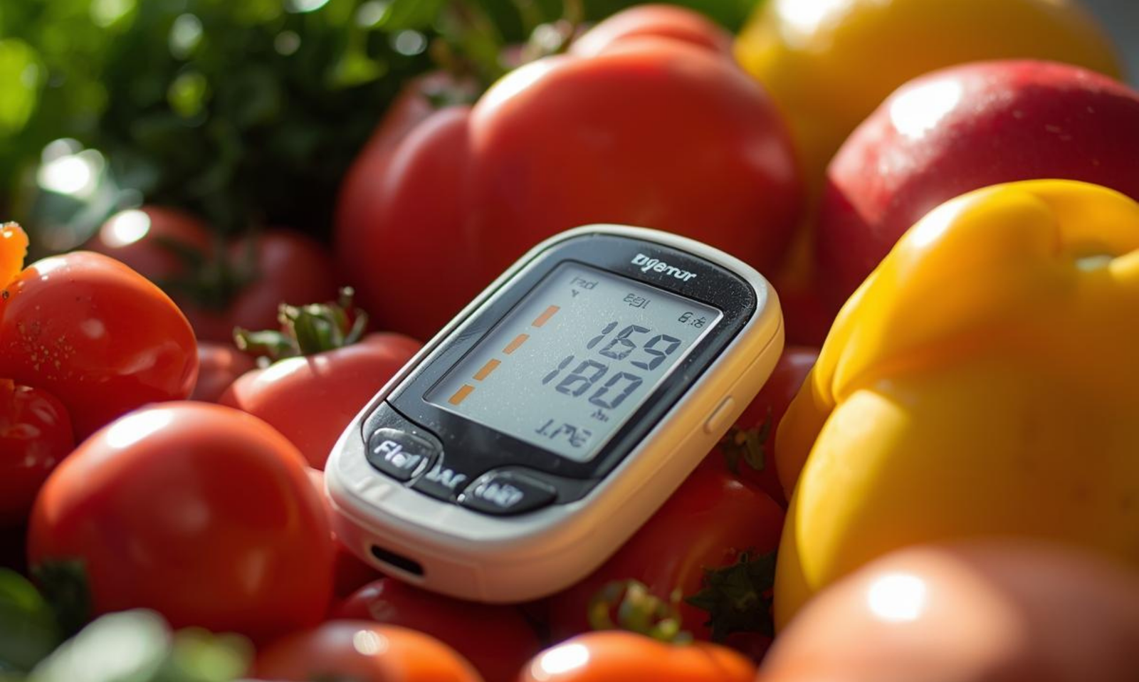 Close-up of blood glucose monitor with fresh fruits and vegetables symbolizing natural blood sugar control