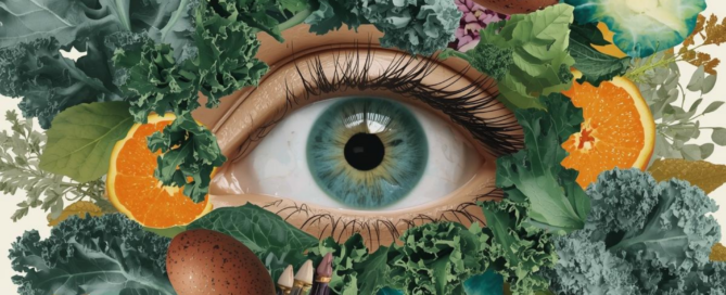 Healthy human eye with kale, oranges, eggs, and colorful vegetables promoting vision
