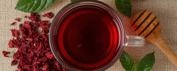 Top view of a glass cup filled with red hibiscus tea surrounded by dried petals, green leaves, and a wooden honey spoon on linen fabric