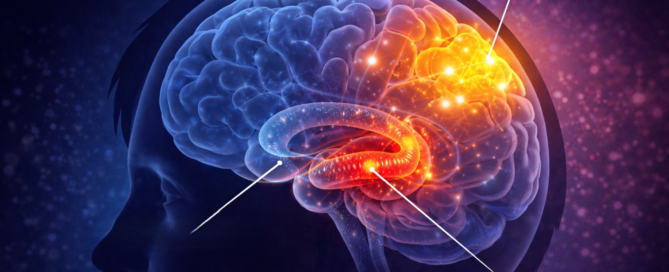Scientific diagram of the human brain highlighting the hippocampus and prefrontal cortex regions involved in memory and executive functions
