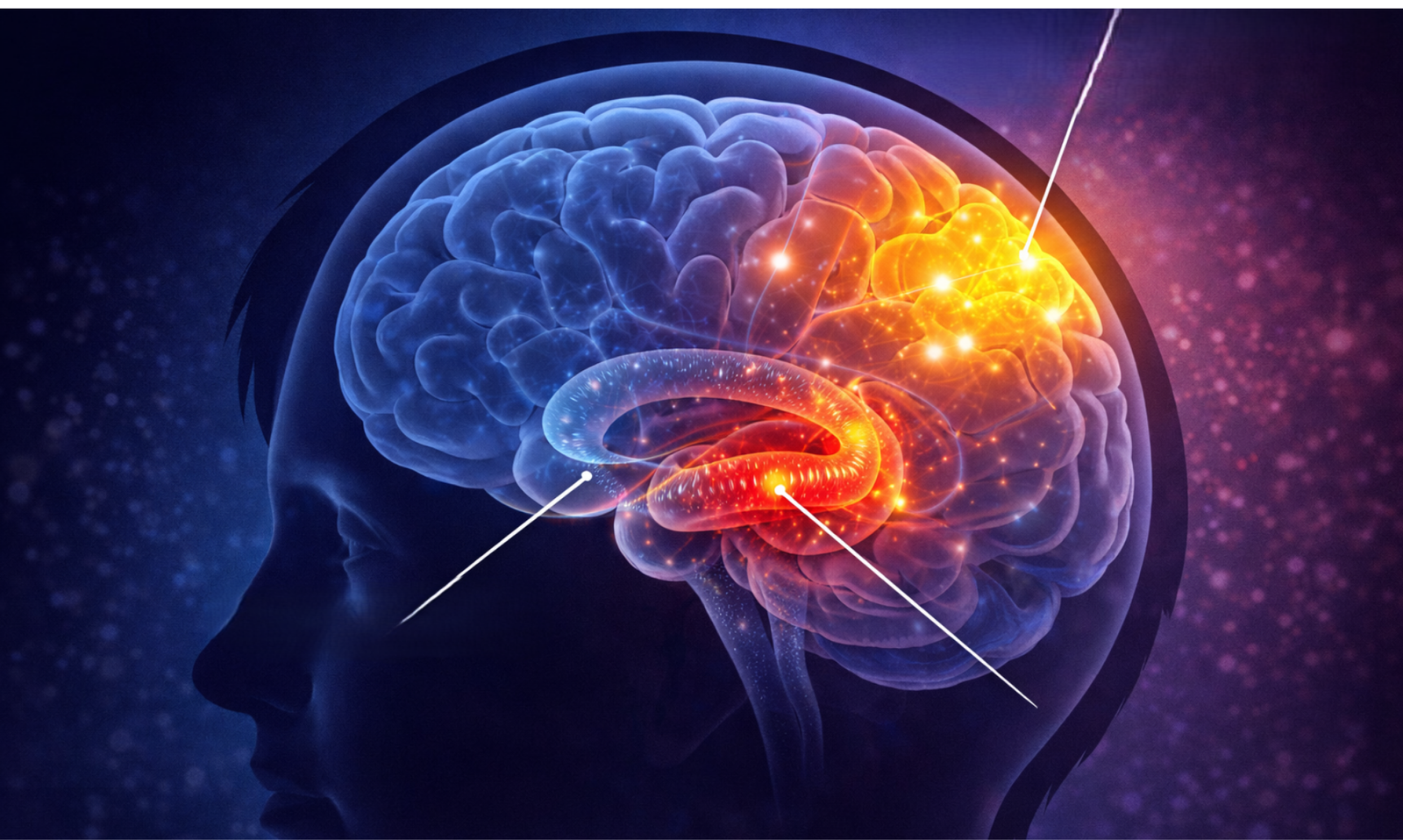 Scientific diagram of the human brain highlighting the hippocampus and prefrontal cortex regions involved in memory and executive functions