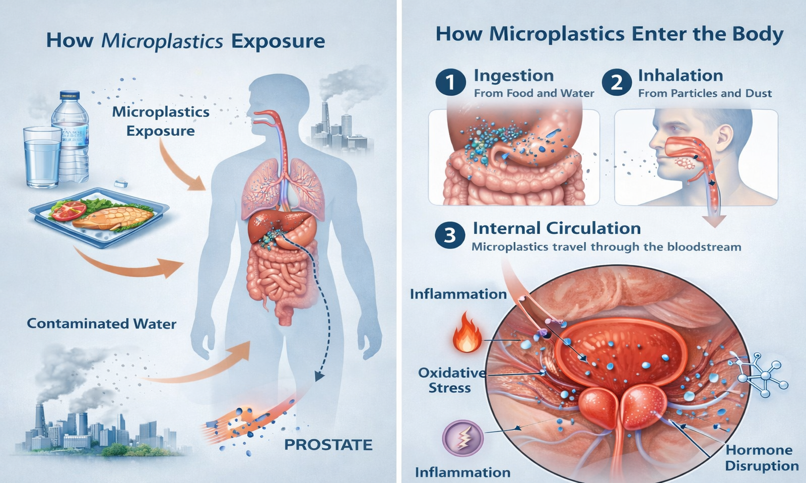 Microplastics entering the body through food, water, and air and interacting with prostate health