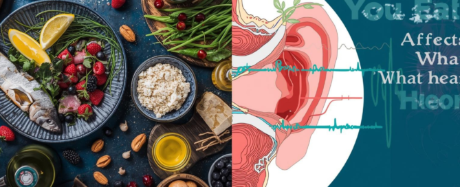 Mediterranean foods beside inner ear diagram showing link between diet and hearing