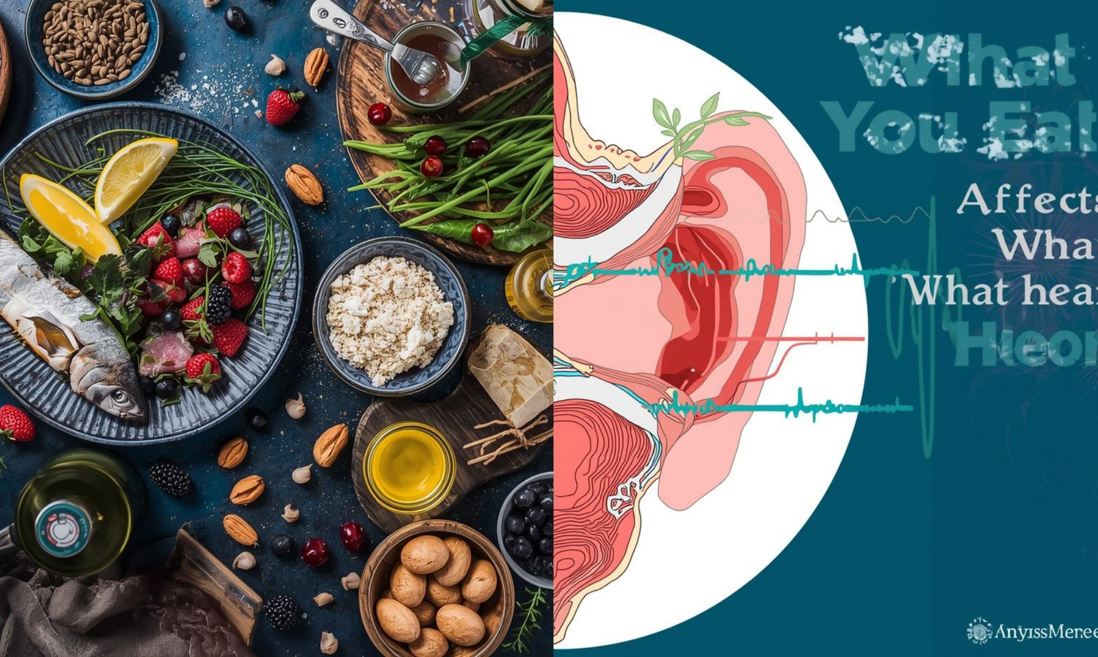 Mediterranean foods beside inner ear diagram showing link between diet and hearing