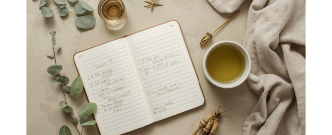 Top-down view of an open notebook with handwritten focus goals, a cup of green tea, a small glass of water, and natural leaves like bacopa and ginkgo, on a warm neutral-toned background, conveying mindful and natural productivity.