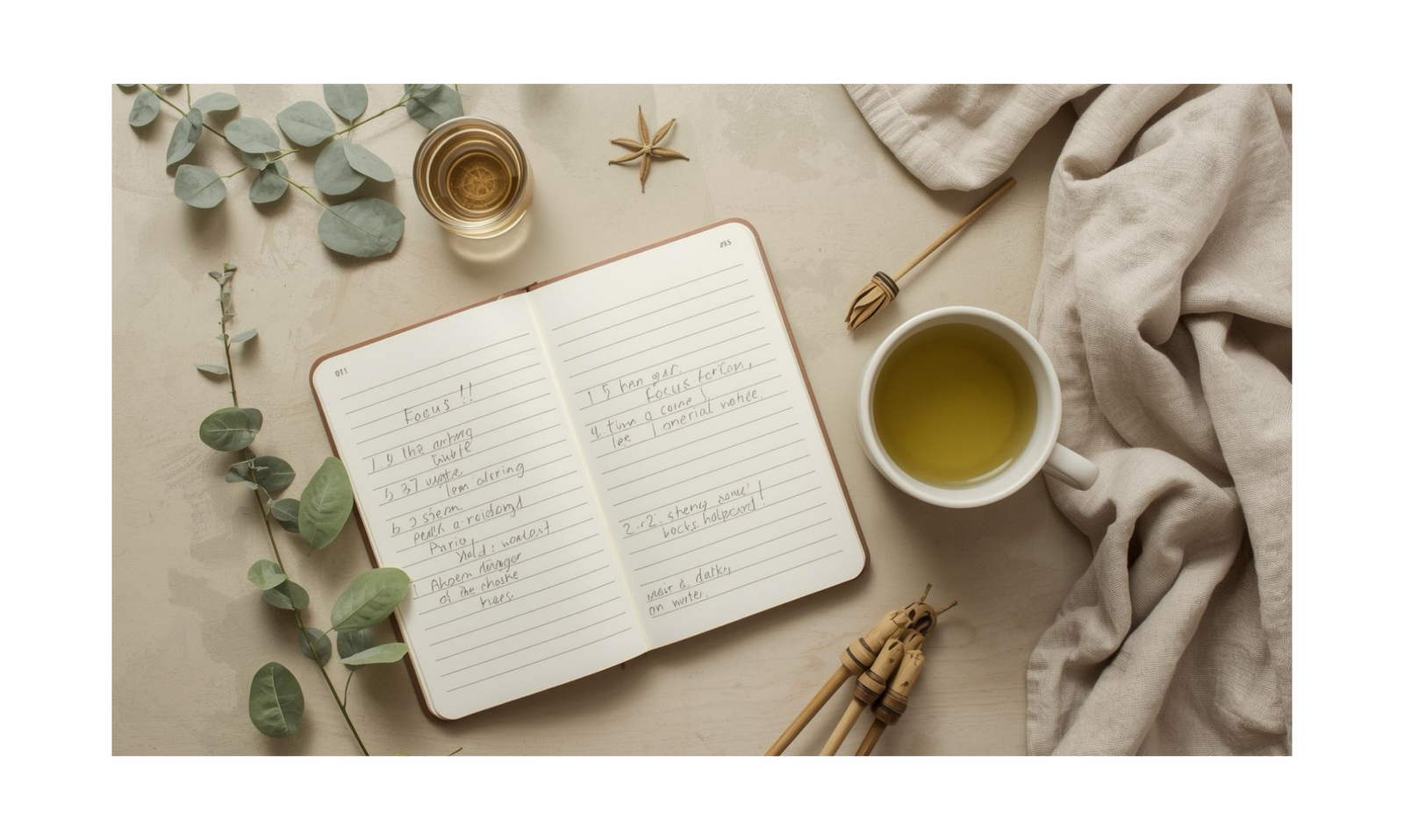 Top-down view of an open notebook with handwritten focus goals, a cup of green tea, a small glass of water, and natural leaves like bacopa and ginkgo, on a warm neutral-toned background, conveying mindful and natural productivity.