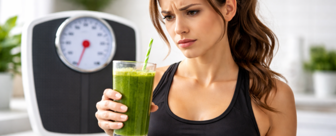 A frustrated woman holding a green smoothie while looking at a bathroom scale.