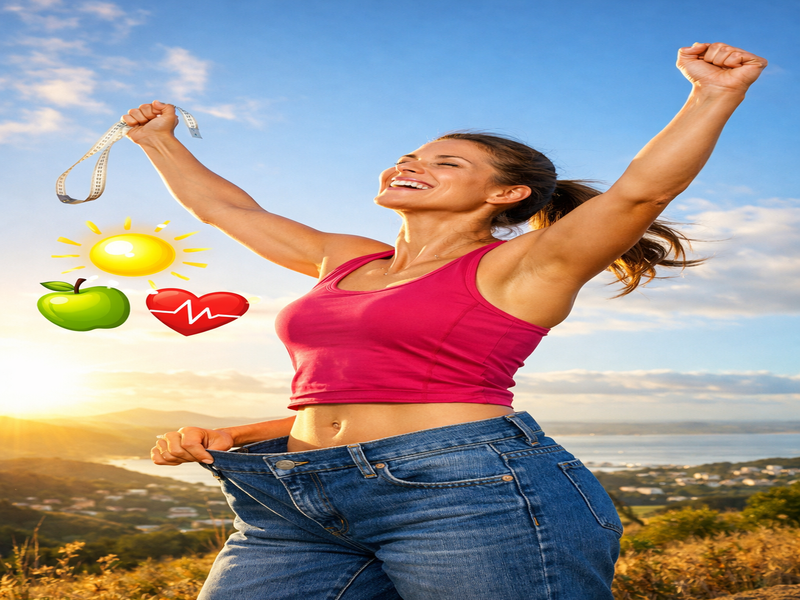 Woman celebrating successful weight loss and restored metabolic energy outdoors.