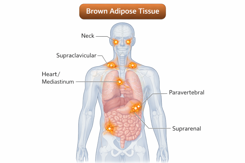 Medical-style illustration of a human body highlighting areas rich in brown adipose tissue, including neck, supraclavicular, heart/mediastinum, paravertebral, and suprarenal regions.