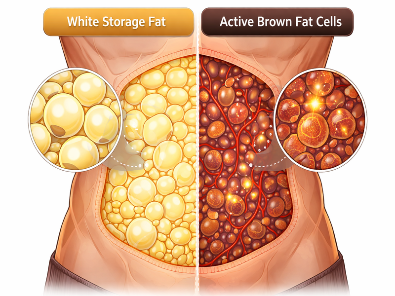 Conceptual illustration comparing white storage fat and active brown fat cells in the abdominal area.
