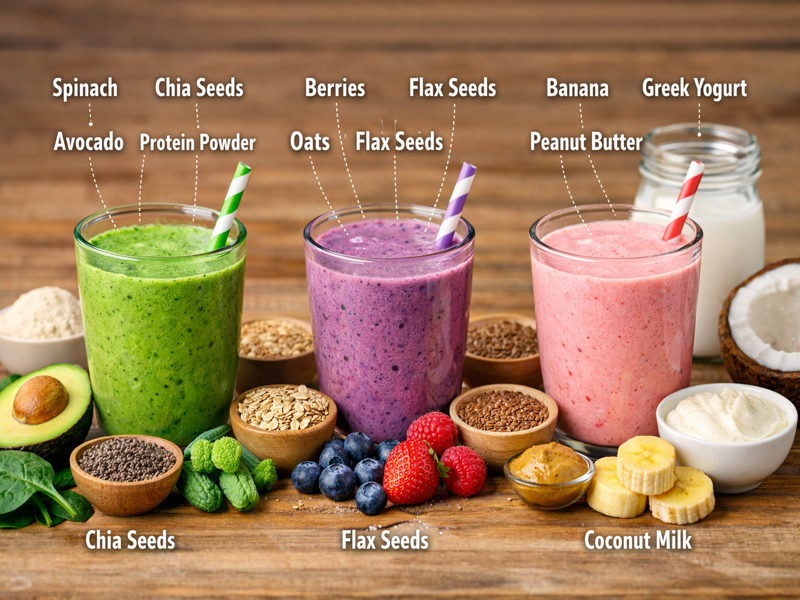 Three balanced smoothies illustrating optimal nutrient ratios in smoothies for maximum fat burning results.