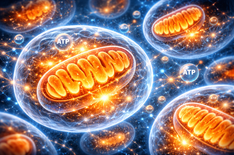 Microscopic view of healthy mitochondria inside human cells producing energy for fat metabolism