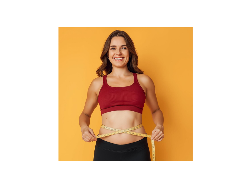 Smiling person measuring their waist as a symbol of improved metabolic balance