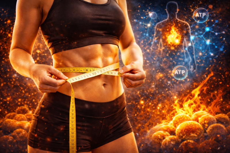 Person measuring waist circumference showing successful fat loss through improved cellular energy metabolism.