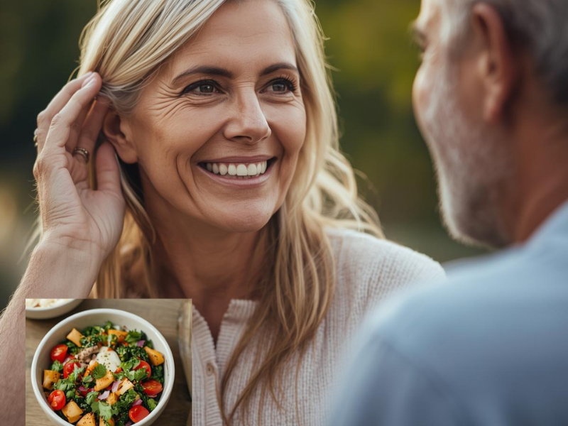 Smiling older adult engaged in conversation outdoors symbolizing healthy hearing