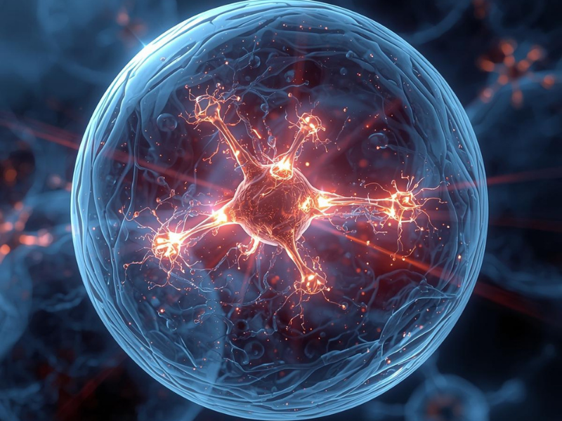 Scientific illustration of active mitochondria producing ATP inside a human cell