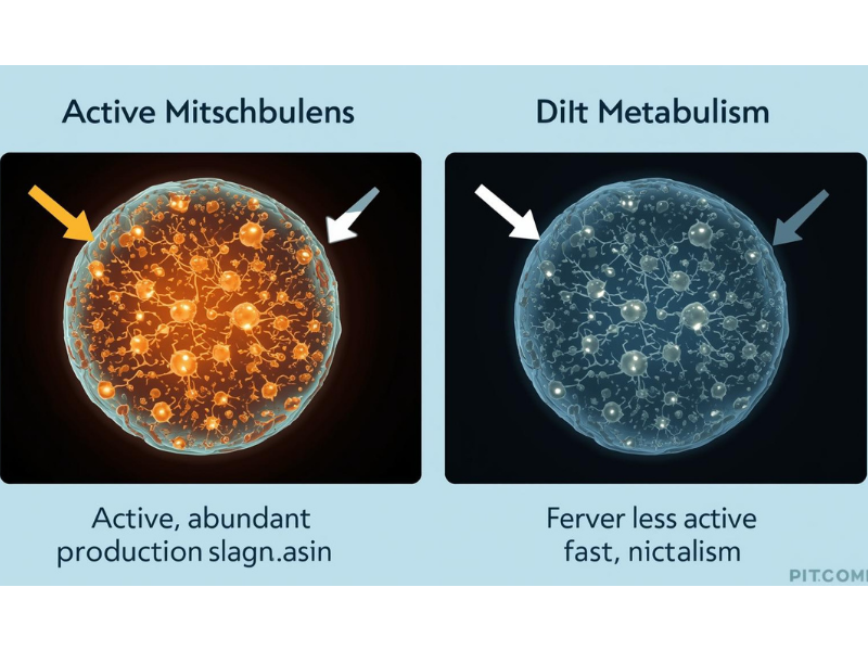 Comparison diagram showing active mitochondria versus less active mitochondria and their effects on metabolic efficiency
