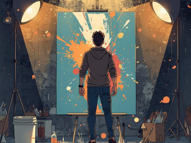 Illustration of an artist seen from behind standing still in front of a large abstract canvas, fully focused, surrounded by studio lights and painting tools in a quiet creative workspace.
