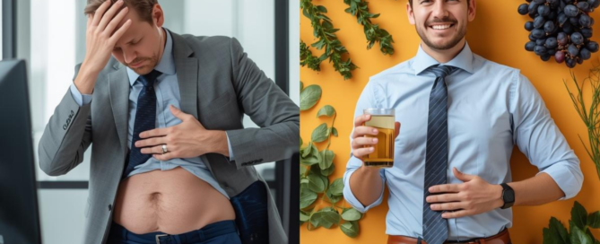 Busy professional before and after lifestyle change showing improved fitness and energy