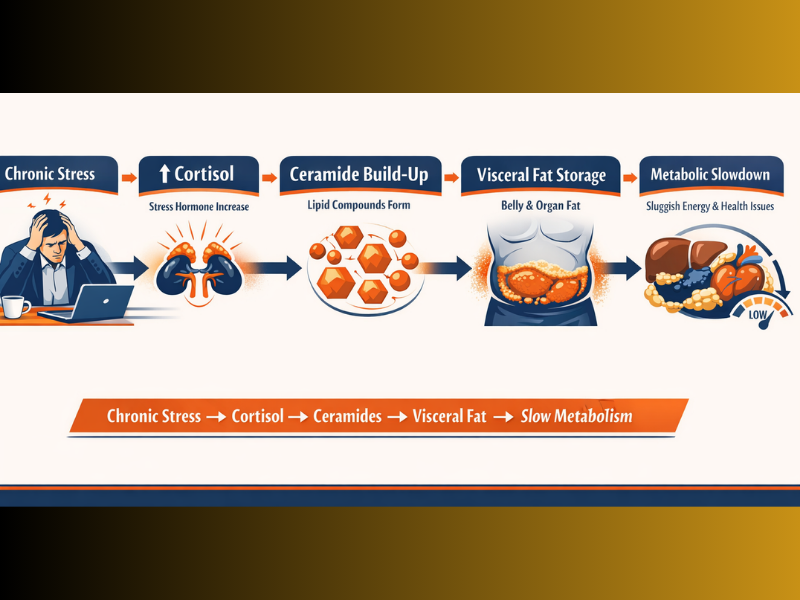 Scientific diagram showing stress, cortisol, ceramides, and abdominal fat accumulation process