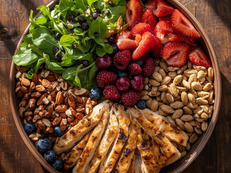 Colorful selection of leafy greens, nuts, berries, and lean proteins supporting healthy blood sugar levels