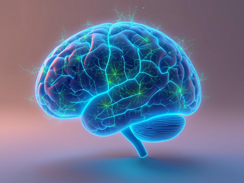 Brain illustration with neural pathways lighting up, representing neuroplasticity and cognitive change.