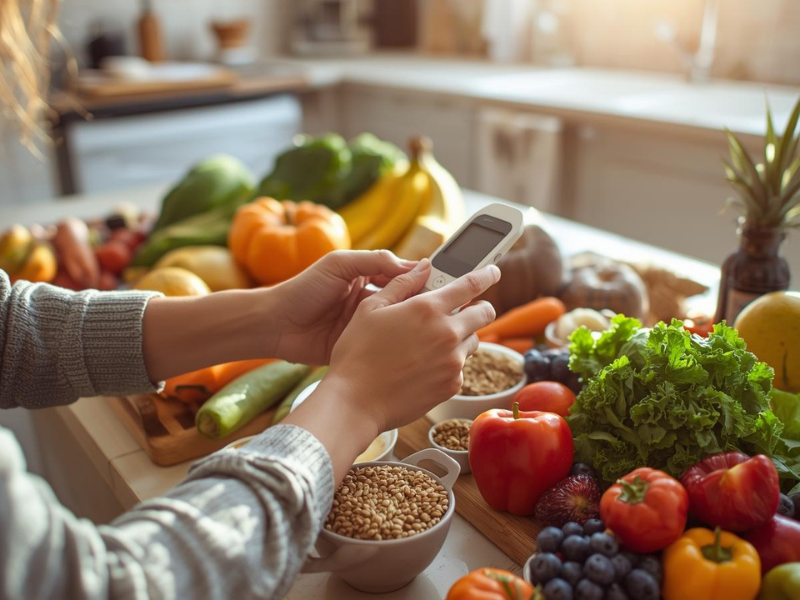 Person checking blood glucose monitor with healthy foods in the background