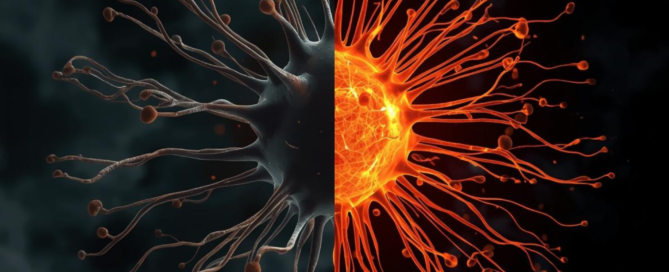 Split-screen illustration comparing low-activity and high-activity mitochondria and their ATP production levels.
