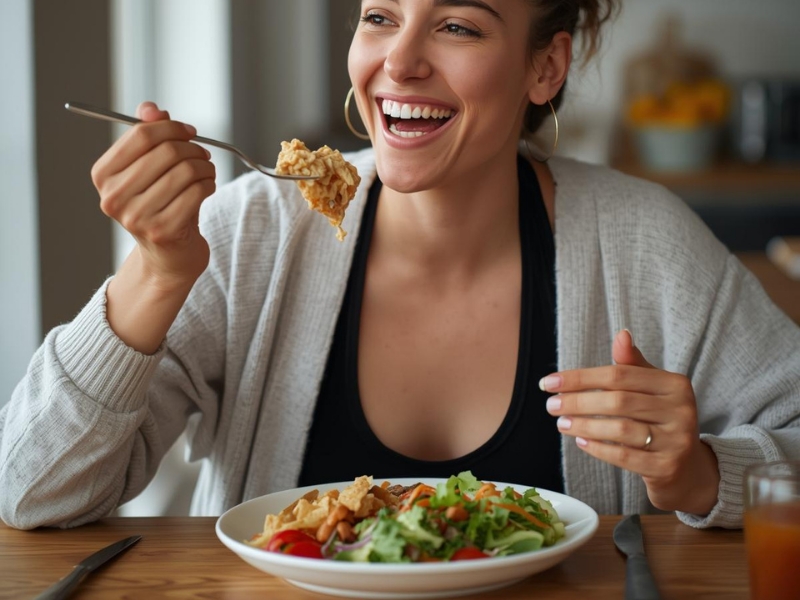 Person enjoying a healthy, satisfying meal while appearing content and energized.