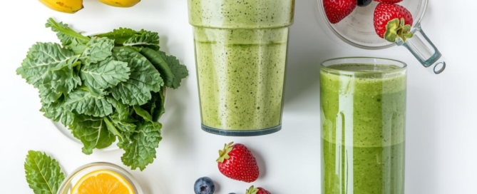 Flat-lay of fresh fruits and leafy greens with a blender and a glass of green smoothie on a white background