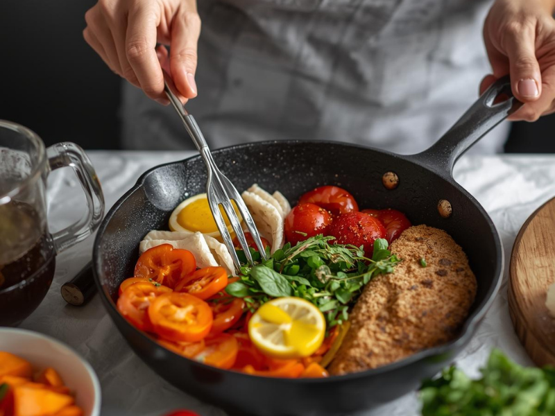 Person preparing a balanced meal with lean protein and colorful vegetables for healthy weight management.