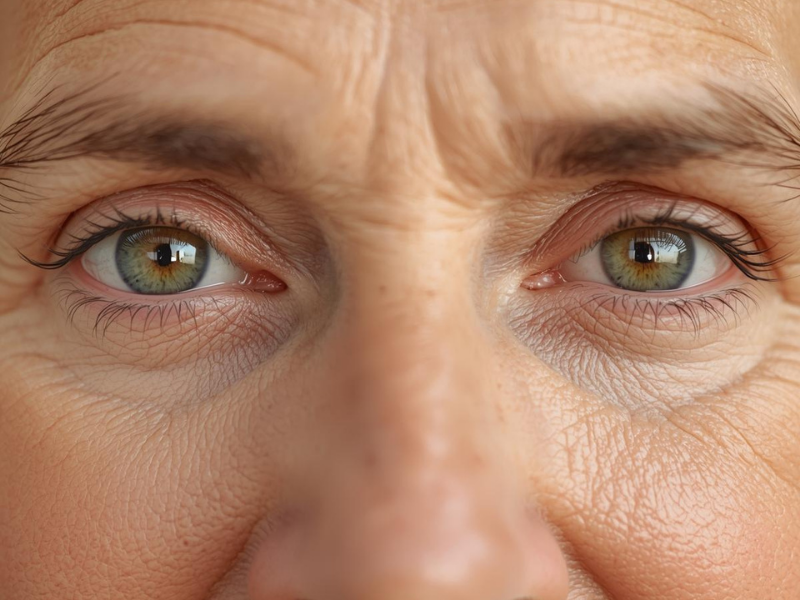Close-up of bright, clear eyes of a healthy adult over 50, conveying vitality
