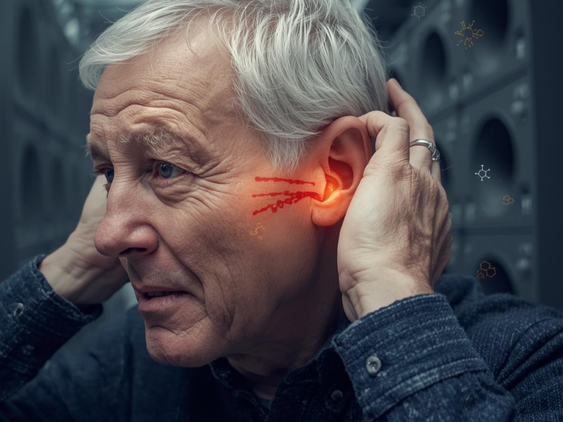 Middle-aged person holding ear in noisy setting with inner ear stress graphics