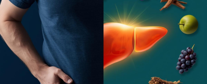 Split image showing frustrated person with belly fat and healthy liver with herbs