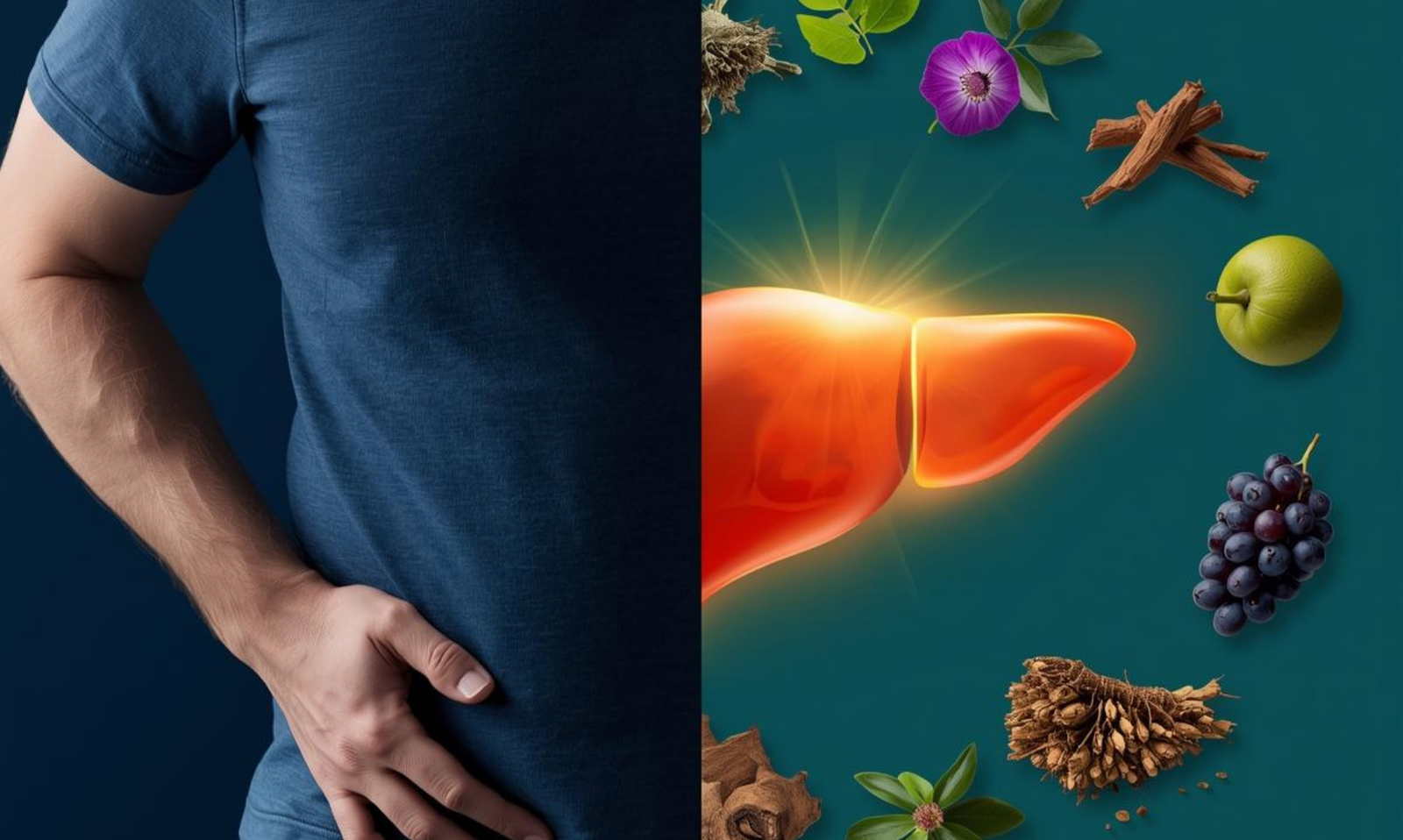 Split image showing frustrated person with belly fat and healthy liver with herbs