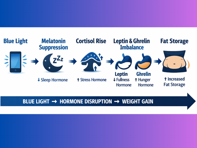Infographic showing the chain reaction from blue light exposure to melatonin suppression, cortisol increase, leptin and ghrelin imbalance, and fat storage