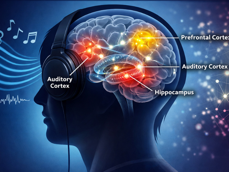 Brain illustration highlighting activated regions during gamma frequency sound therapy treatment