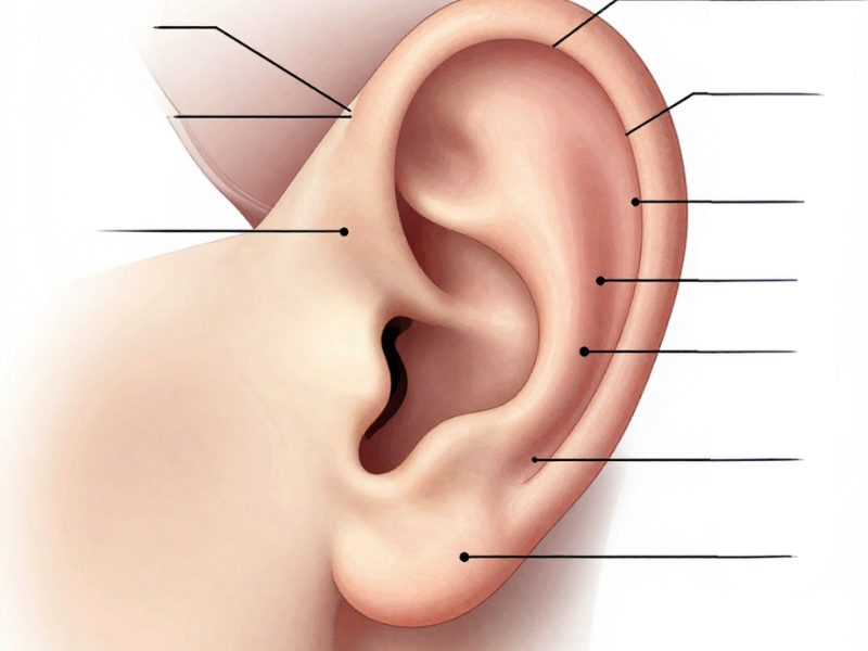 Detailed anatomical diagram of human ear showing inner, middle, and outer ear structures with labeled parts