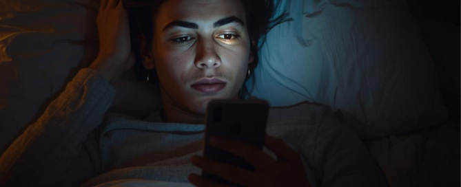 Person lying in bed illuminated by a smartphone at night, illustrating how blue light affects sleep hormones and body weight
