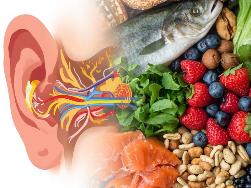 Inner ear cross-section beside fish, greens, berries, and nuts for auditory health