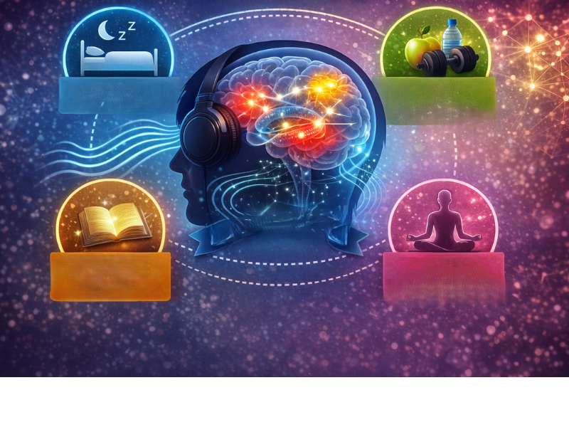 Infographic showing lifestyle strategies such as sleep, focus, nutrition, exercise, and sound therapy supporting cognitive clarity
