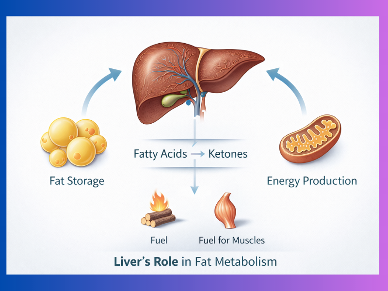 Medical diagram showing liver converting fatty acids into energy and fuel