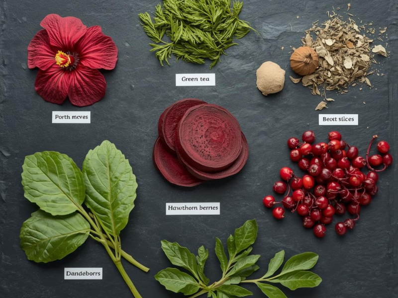 Five medicinal plants — dried hibiscus, green tea leaves, beetroot slices, hawthorn berries, and dandelion leaves — arranged on a slate board with labels