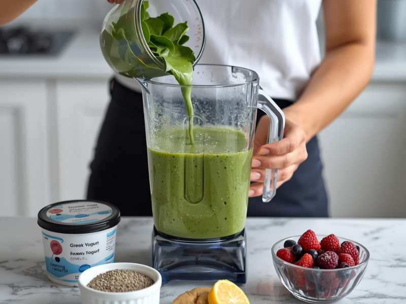 Lifestyle photo of a person in a bright kitchen preparing a green smoothie, adding measured spinach into a blender with chia seeds, Greek yogurt, frozen berries, and fresh ginger arranged nearby
