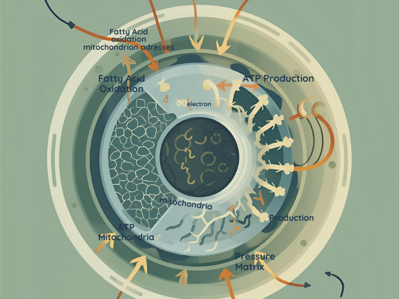 Scientific illustration of mitochondria inside a cell showing ATP energy production and fat oxidation pathways