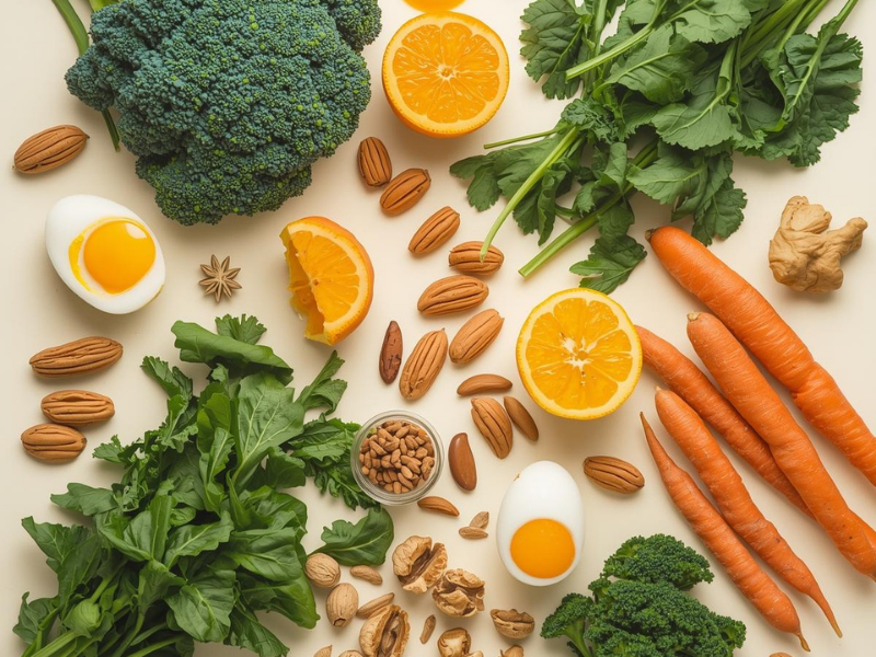 Flat-lay of kale, spinach, eggs, oranges, carrots, nuts, and seeds for eye health