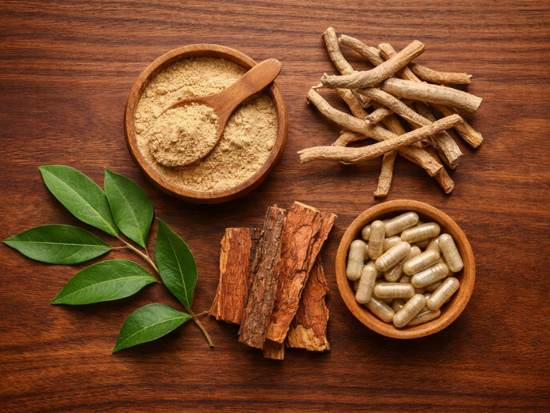 Flat-lay of maca powder, ashwagandha root, tongkat ali bark, and herbal capsules