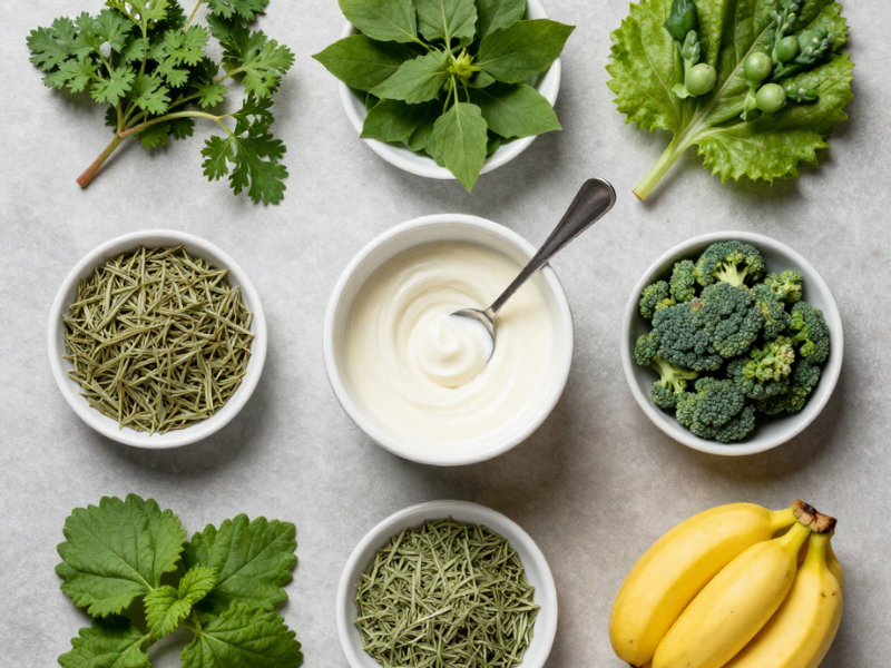 Natural ingredients such as herbs, probiotics, and fresh fruits and vegetables arranged to support oral and digestive health