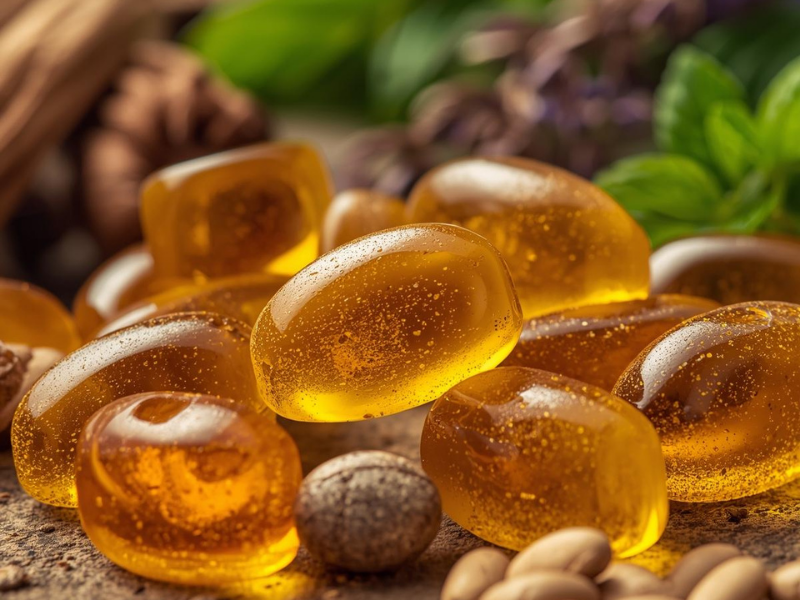 Natural male performance supplement with herbs and vitamins, displayed as gummies and capsules